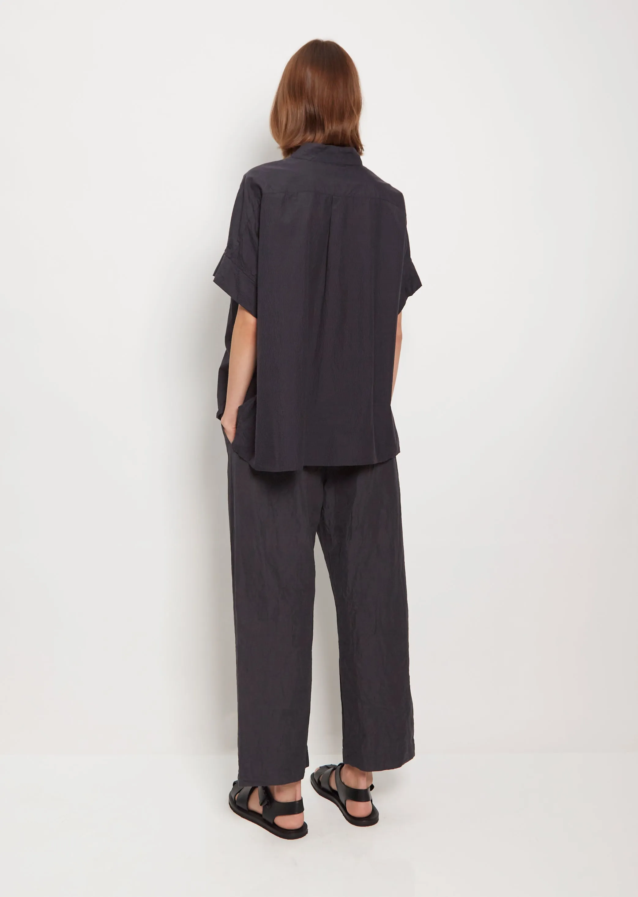 Gigham Cuff Sleeve Wide Shirt — Charcoal Navy