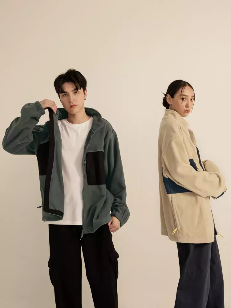 OBSTYLE Unisex. Color-block Splicing Lamb Wool Stand Collar Jacket《KL1211》