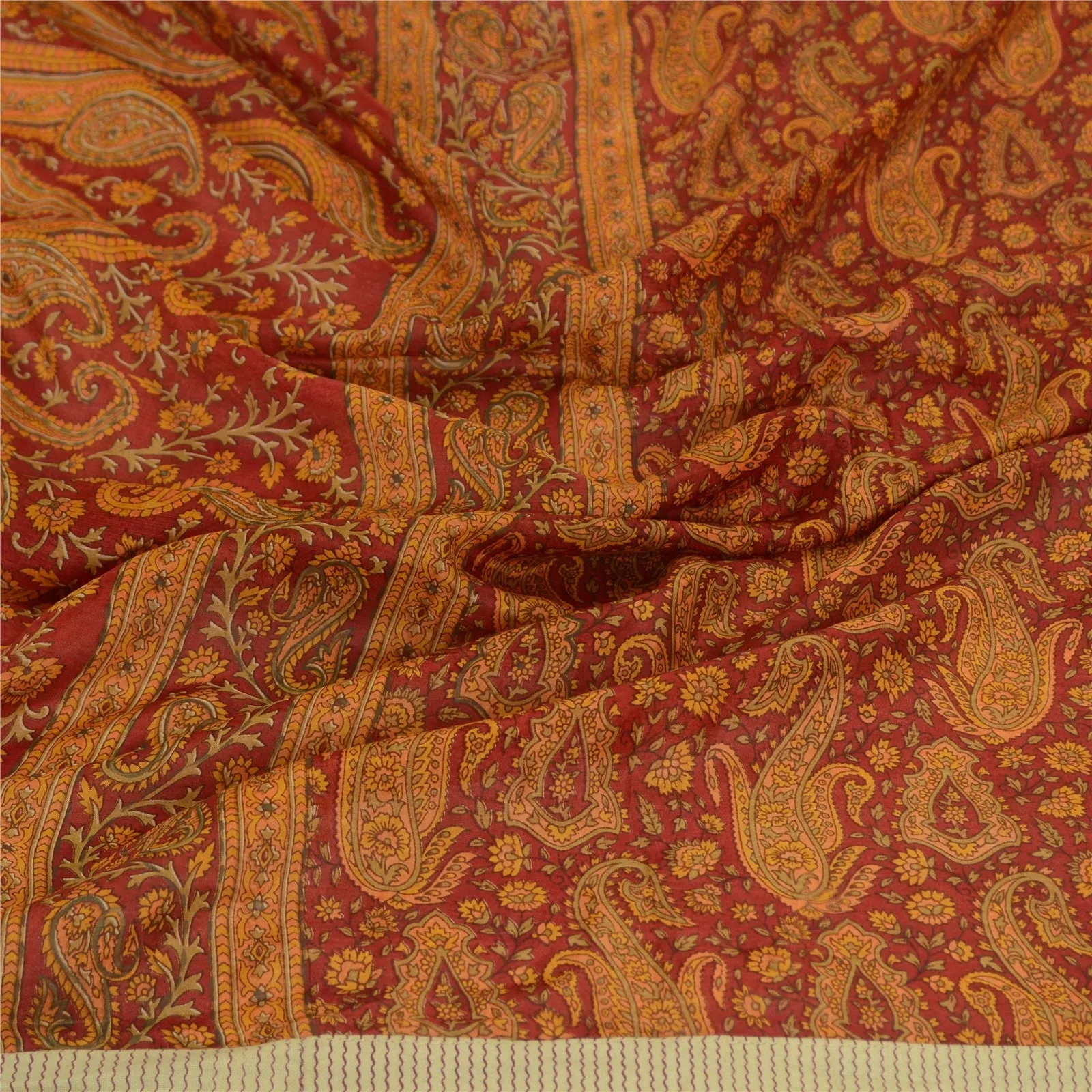 Sanskriti Vintage Dupatta Long Stole Pure Silk Hijab Dark Red Printed Scarves